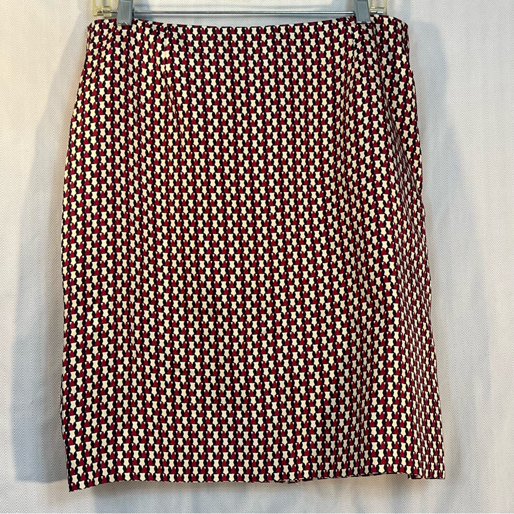 Ann Taylor Skirt Silk Pencil Black Red Cream Geometric Print Lined Back Zip 12👍